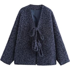 Yimoon Womens Tie Front Fuzzy Jacket Oversized V Neck Bow Fluffy Warm Coat 2024 Fall Loose Long Sleeve Outerwear