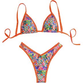 Women's 2 Piece Graphic Bikini Set Contrast Binding V Waist Triangle Swimsuits Spring Break Clothes