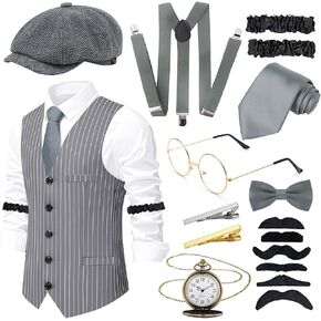 1920s Mens Costume, Roaring 20s Great Gastby Gangster Outfit with Vest Fedora Hat Pocket Watch Tie Suspenders