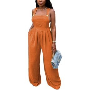 Nimsruc Women's Jumpsuits Summer Rompers Sling Sleeveless Wide Leg Casual Overalls Jumpers With Pockets 2024 Orange XXL