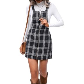 Milumia Women's Casual Plaid Zip Up Straight Mini Pinafore Overall Dress with Pocket