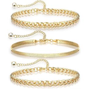 3Pcs 14K Gold Plated Anklet Bracelets for Women, Gold Ankle Bracelets for Women Waterproof, Cuban Link Chain Anklets Set, Layered Anklet Bracelets for Women, Beach Gift Adjustable Size
