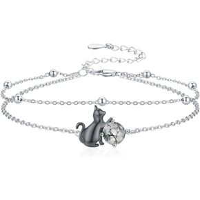 CHENGHONG Cat Anklet for Women 925 Sterling Silver Black Cat Moss Agate Link Anklets Fashion Bracelet Jewelry Gift for Cat Lover