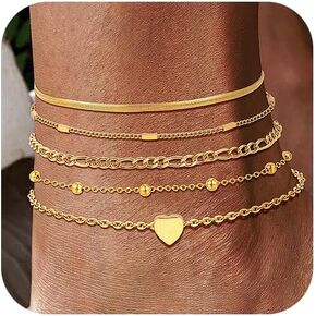 KSF Gold Anklets for Women Waterproof - 18k Gold Plated Ankle Bracelets for Women, 5PCS Anklet Set Cuban Herringbone Figaro Link Chain Anklets for Women Summer Beach Jewelry Gift Adjustable Size