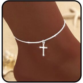 S925 Sterling Silver Anklets Dainty 14K Gold Plated Waterproof Ankle Bracelets Rhinestone Cross Layered Anklet Chain Glitter Fashion Foot Jewelry for Women in Saudi Arabia