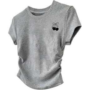 Shenhe Girl's Guety Graphic Tee Bow Cherry Print Crew Neck Ruched top sport sport top
