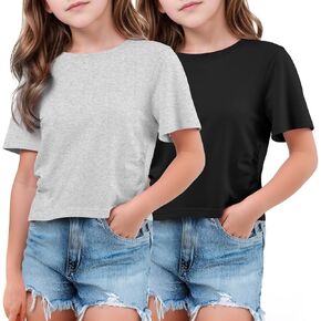 Flygo 2 Pack Crop Tops for Girls Cute Ruched Cotton T-Shirts Short Sleeve Tee Shirts Summer Crewneck Basic Tshirt 7-14 Years