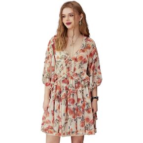 Womens Floral Mini Dresses Chiffon Printing with Lined Ruffle Relaxed