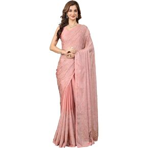 TRENDMALLS Women's Chanderi Silk Siroski Work with Unstitch Blouse Piece (K1152-Orange)