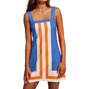 Womens Striped Mini Dress Summer Casual Boho Color Bock Sleeveless Tank Shift Dress Beach Cover Up Short Sundress