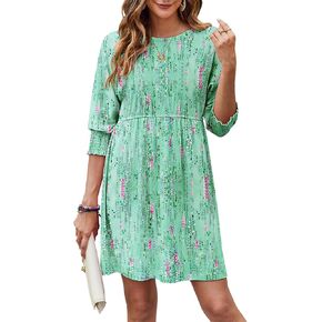 Bluetime Womens Summer Tunic Dress Crew Neck Casual 3/4 Sleeve Short Babydoll Loose Flowy Dresses