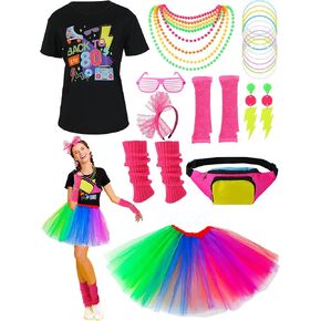 80s Outfit for Women, 80s Costumes with Accessories Set T Shirt Tutu Skirt 80s Fanny Pack Earrings Bead Necklace Bracelets Fishnet Gloves Legwarmers Headband Glasses