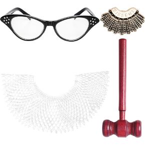 4Pcs Judge Costume Accessories Set for Women with Lace False Collar Gavel Glasses Judge Choker Pin Costume for Halloween