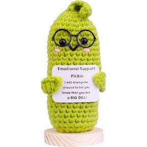 Funny Positive Crochet Cucumber, Handmade Emotional Support Cucumber Doll Car Dashboard Decoration with Encouraging Messages Wooden Base for Car Home Office(C6)