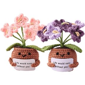 2PCS Emotional Support Plush Flowers Positive Crochet Potted with Positive Card Cheer Up for Room Car Home Office Decor