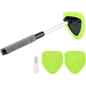 Qwork Windshield Cleaner Tool - مقبض طويل ، رأس دوار 180 درجة لسهولة تنظيف الزجاج التلقائي الداخلي والخارجي - تشمل 3 وسادات قابلة لإعادة الاستخدام