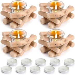 Mumufy 4 Pack Wooden Tea Light Candle Holder with Glass Cup and 10 Tea Candle Rustic Country Decorations Vintage Table Centerpiece for Wedding Christmas Farmhouse Home Altar Decoration