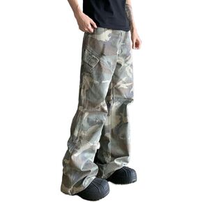 HBER Mens Camo Cargo Pants Baggy Jeans Mid Rise Wide Leg Flap Pockets Loose Fit Camouflage Y2k Streetwear Pants