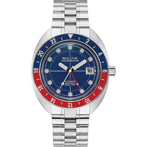Bulova Men's Oceanographer Snorkel GMT Stainless Steel Watch و Blue و Red ثنائية الاتجاه الدوارة ، الإطار ، أسلوب الاتصال الأزرق: 96B405