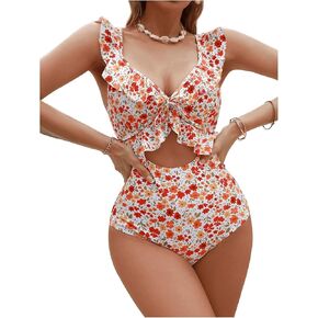 Verdusa Women's Floral Cut Out Shuper One One Swimsuit Bow Tie Summer Monokini