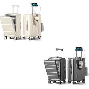 White+Grey 20 IN Carry On Luggage 22x14x9 Airline Approved - Front Pocket Hardside Travel Suitcase Unbreakable -with Cup Holder,Charging Port,Side Pothook, 360°Spinner Wheels,TSA Lock