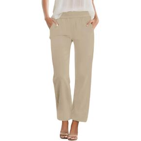 Womens Casual Summer Straight Leg Pants Elastic High Waist Beach Capris with Pockets