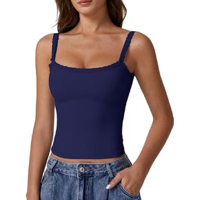 Qinsen Womens Square Neck Lace Tran Top Top Double Clined Slim Fitted Y2K الخروج من قمصان Camisole