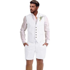 Mens Linen Suit 2 Piece Short Suits for Men Casual Summer Beach Wedding Suit Linen Vest Shorts Set