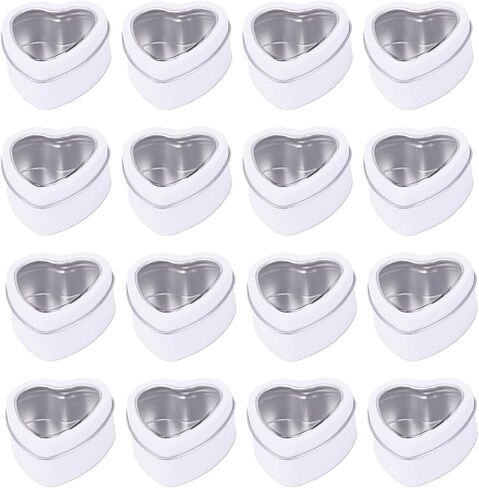 16 Pcs Metal Tins Jar 2 OZ Empty Heart Shaped Tins with Clear Window Lid for Candle Jars Art Crafts Candies Party Favors (White) in Kuwait