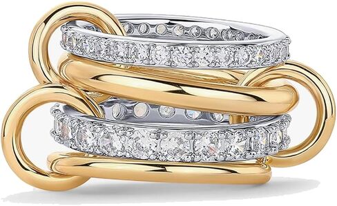 Gold Stackable Rings for Women Non Tarnish, 18k Gold Plated Cubic Zirconia Rings, Silver Multi-Link Connected Knuckle Women Stack Rings Set in Saudi Arabia