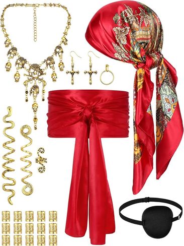 Remuuly 24 Pcs Pirate Costume Accessories Women Pirate Head Scarf Sash Belt Eye Patch Necklace Earring Snake Hair Accessory in Saudi Arabia