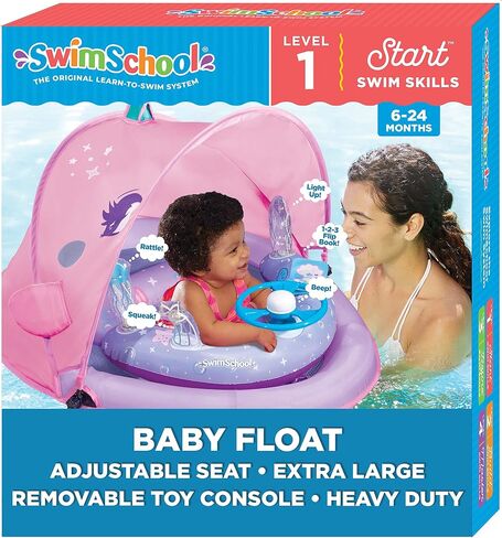 SwimSchool Deluxe Baby Pool Float with Adjustable Canopy - 6-24 Months - Baby Swim Float with Splash & Play Activity Center Safety Seat - Pink/Aqua in Kuwait