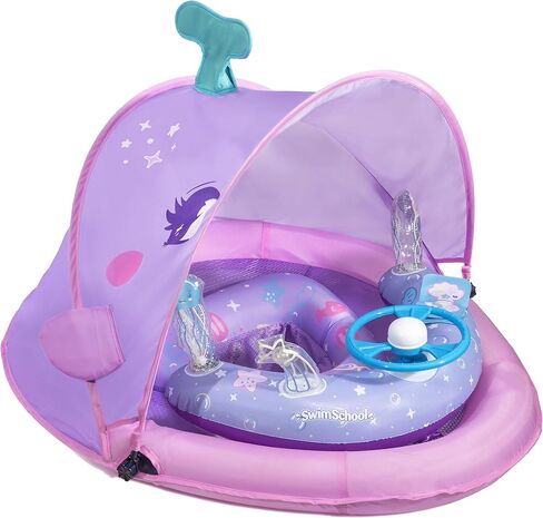 SwimSchool Deluxe Baby Pool Float with Adjustable Canopy - 6-24 Months - Baby Swim Float with Splash & Play Activity Center Safety Seat - Pink/Aqua in Kuwait