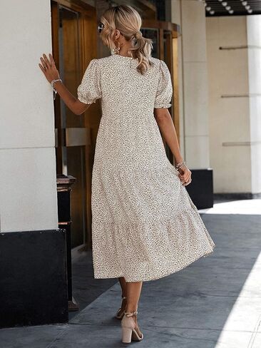 PRETTYGARDEN Summer Dresses for Women 2026 Casual Floral Boho Midi Sun Dress Puff Short Sleeve Flowy Beach Vacation Sundress in Kuwait