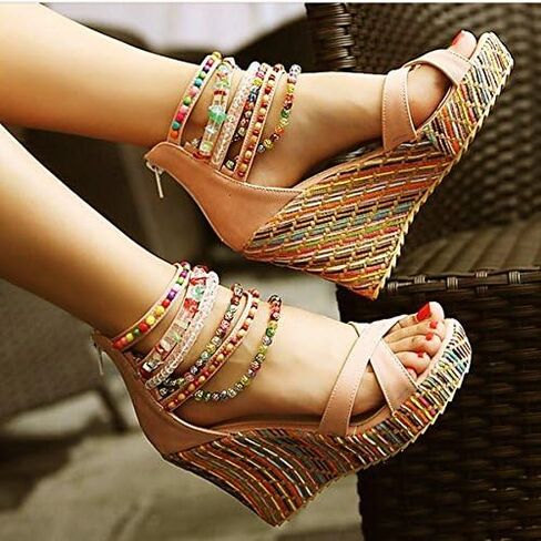 getmorebeauty Women's Wedge Sandals With Pearls Across The Top Platform Sandals High Heels in Kuwait