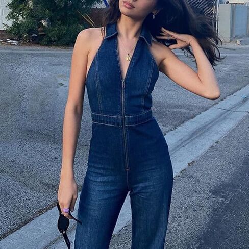 Denim Jumpsuit for Women Wide Leg Jean Rompers Sleeveless V-Neck One Piece Jean Jumpsuits Overalls in Saudi Arabia