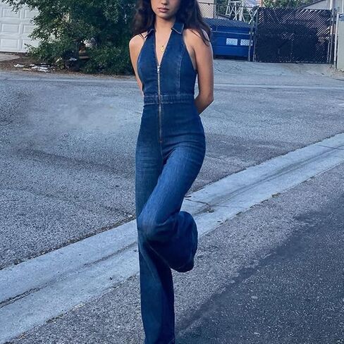 Denim Jumpsuit for Women Wide Leg Jean Rompers Sleeveless V-Neck One Piece Jean Jumpsuits Overalls in Saudi Arabia