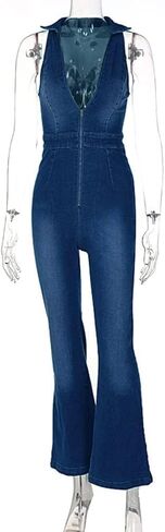Denim Jumpsuit for Women Wide Leg Jean Rompers Sleeveless V-Neck One Piece Jean Jumpsuits Overalls in Saudi Arabia