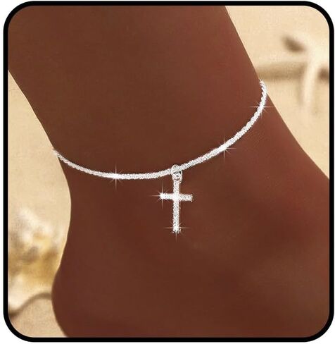 S925 Sterling Silver Anklets Dainty 14K Gold Plated Waterproof Ankle Bracelets Rhinestone Cross Layered Anklet Chain Glitter Fashion Foot Jewelry for Women in Saudi Arabia
