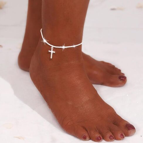 S925 Sterling Silver Anklets Dainty 14K Gold Plated Waterproof Ankle Bracelets Rhinestone Cross Layered Anklet Chain Glitter Fashion Foot Jewelry for Women in Saudi Arabia