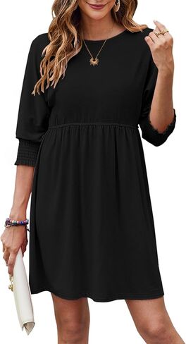 Bluetime Womens Summer Tunic Dress Crew Neck Casual 3/4 Sleeve Short Babydoll Loose Flowy Dresses in Kuwait