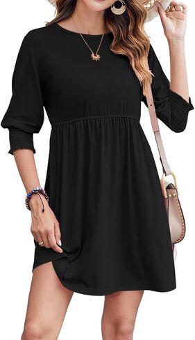 Bluetime Womens Summer Tunic Dress Crew Neck Casual 3/4 Sleeve Short Babydoll Loose Flowy Dresses in Kuwait