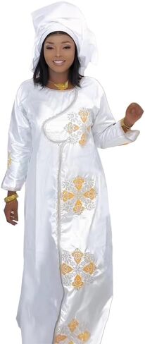 HD West African Bazin Dress for Woman Floral Embroidery African Female Native Maxi Dresses in Saudi Arabia