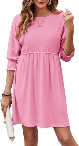 Bluetime Womens Summer Tunic Dress Crew Neck Casual 3/4 Sleeve Short Babydoll Loose Flowy Dresses in Kuwait