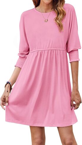 Bluetime Womens Summer Tunic Dress Crew Neck Casual 3/4 Sleeve Short Babydoll Loose Flowy Dresses in Kuwait