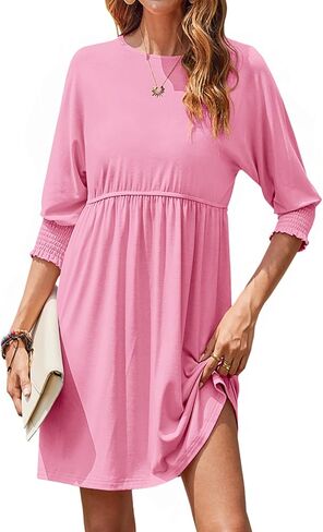 Bluetime Womens Summer Tunic Dress Crew Neck Casual 3/4 Sleeve Short Babydoll Loose Flowy Dresses in Kuwait