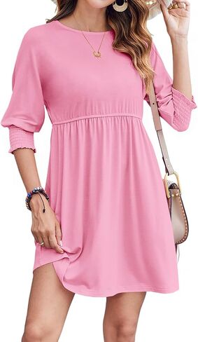 Bluetime Womens Summer Tunic Dress Crew Neck Casual 3/4 Sleeve Short Babydoll Loose Flowy Dresses in Kuwait