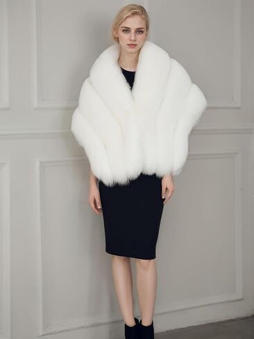 UMREN Women's Luxury Party Faux Fox Fur Long Shawl Cloak Cape for Winter White in Kuwait