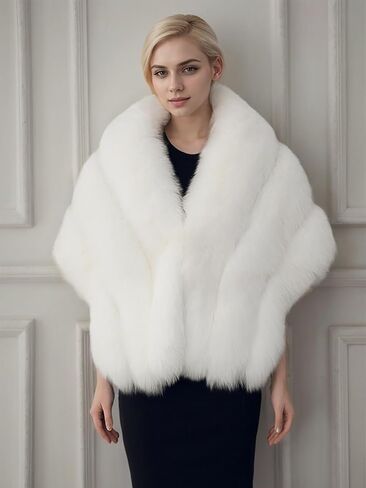 UMREN Women's Luxury Party Faux Fox Fur Long Shawl Cloak Cape for Winter White in Kuwait