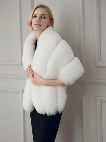 UMREN Women's Luxury Party Faux Fox Fur Long Shawl Cloak Cape for Winter White in Kuwait